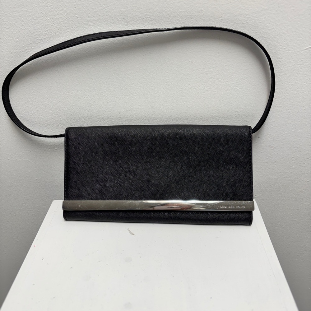 Michael Kors Black Leather  Clutch with Silver Bar